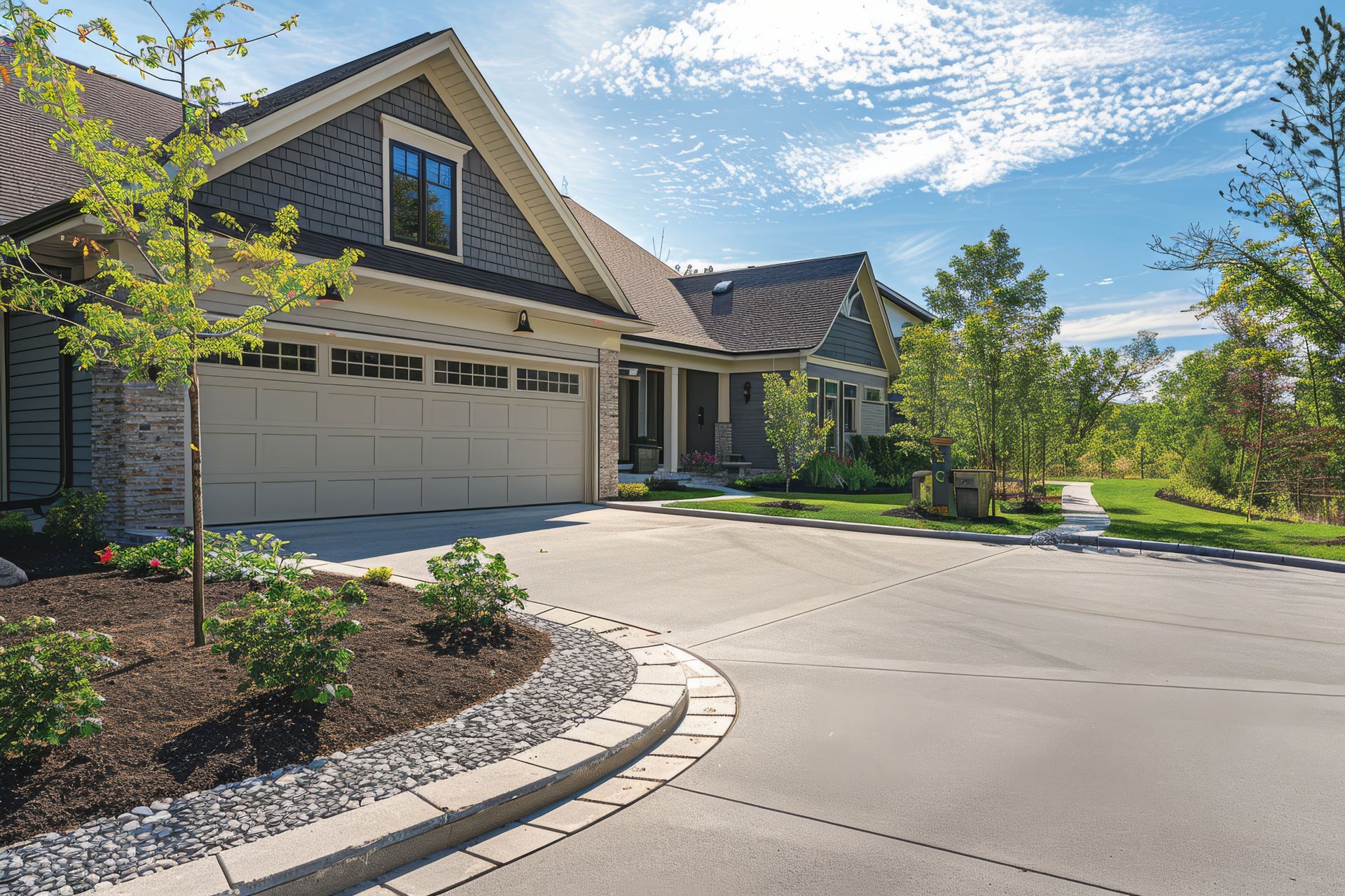 A large house with a garage and a driveway in front of it.
