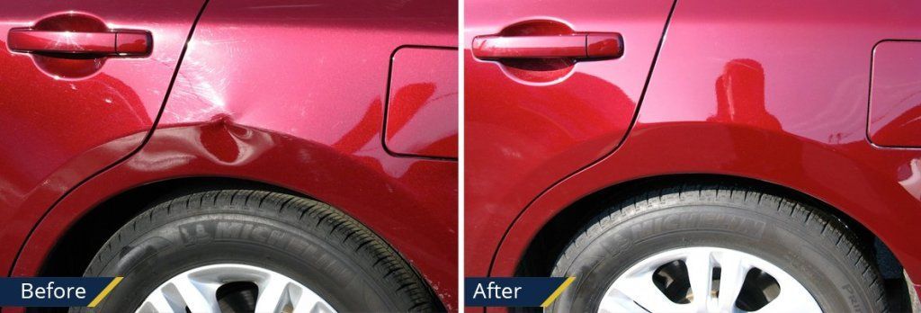A before and after picture of a red car | B & K Collision