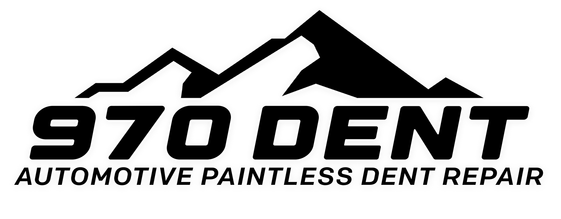 The logo for 970 dent automotive paintless dent repair has a mountain in the background.dent repair Grand Junction