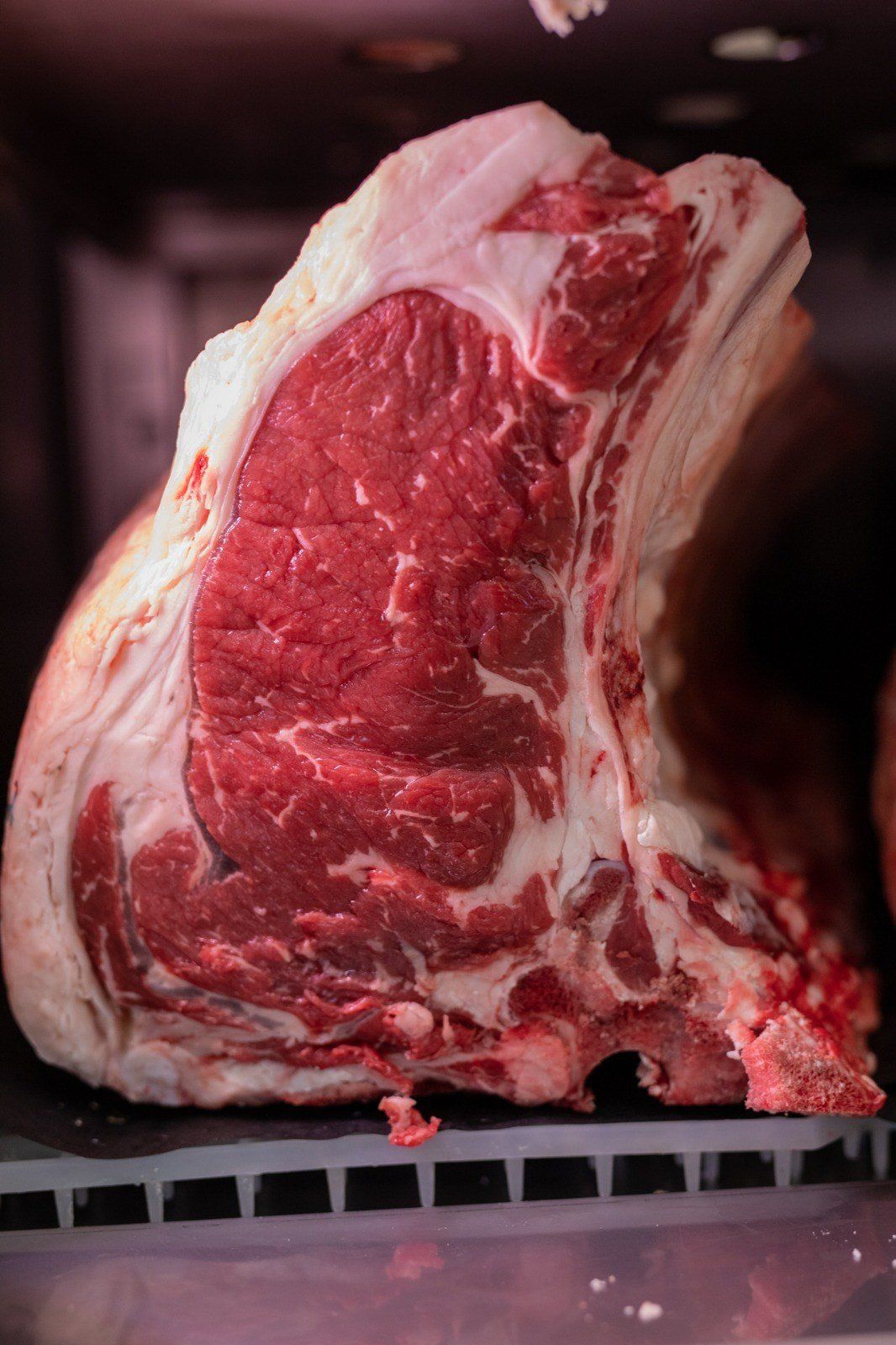 Un grosso pezzo di carne di manzo cruda è appoggiato sullo scaffale del frigorifero.