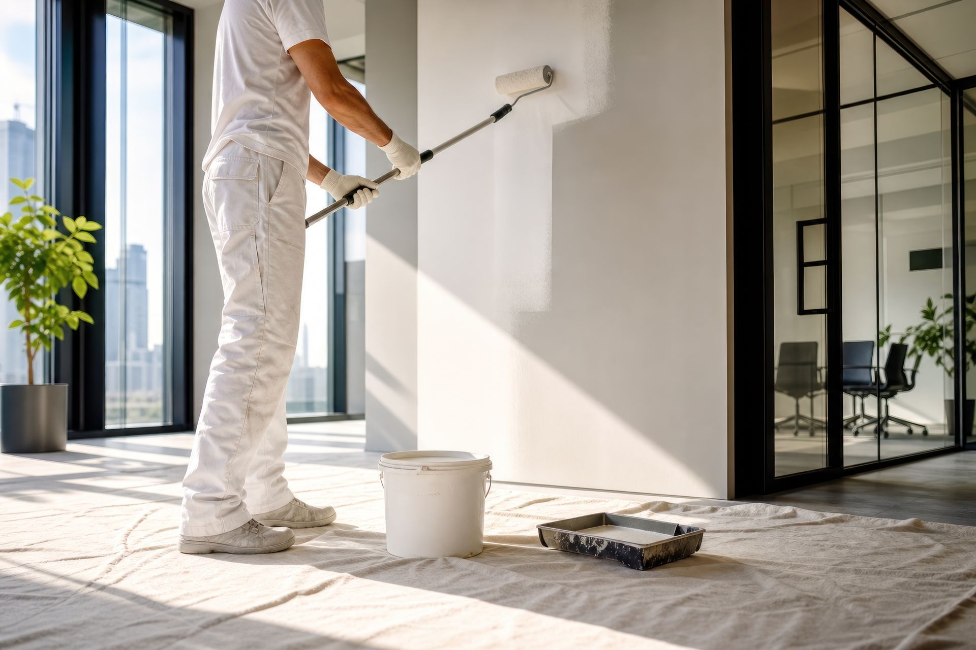 Professional painter applying white paint to wall with roller in modern bright office interior.