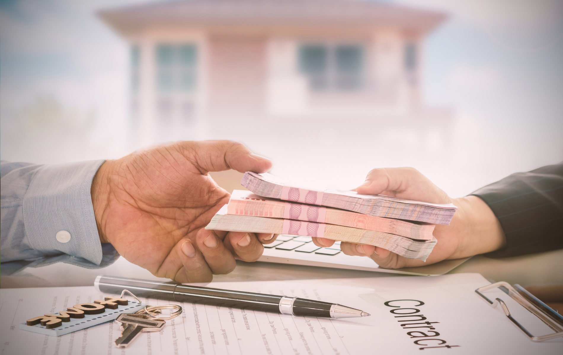 A person is handing a stack of money to another person.