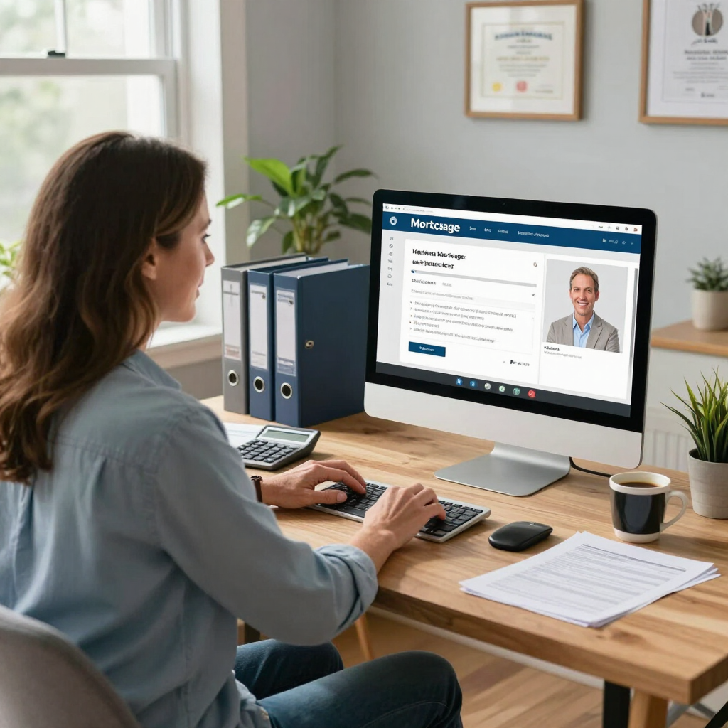 Person on a laptop video call at a desk, with a notebook and papers beside them in a bright living room.