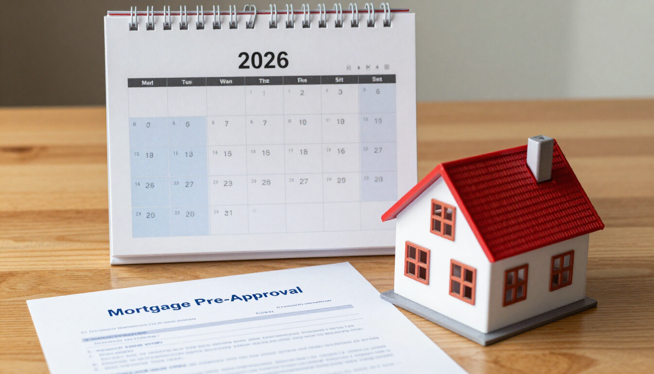 Desk with 2026 calendar, house model, and document on wooden table.