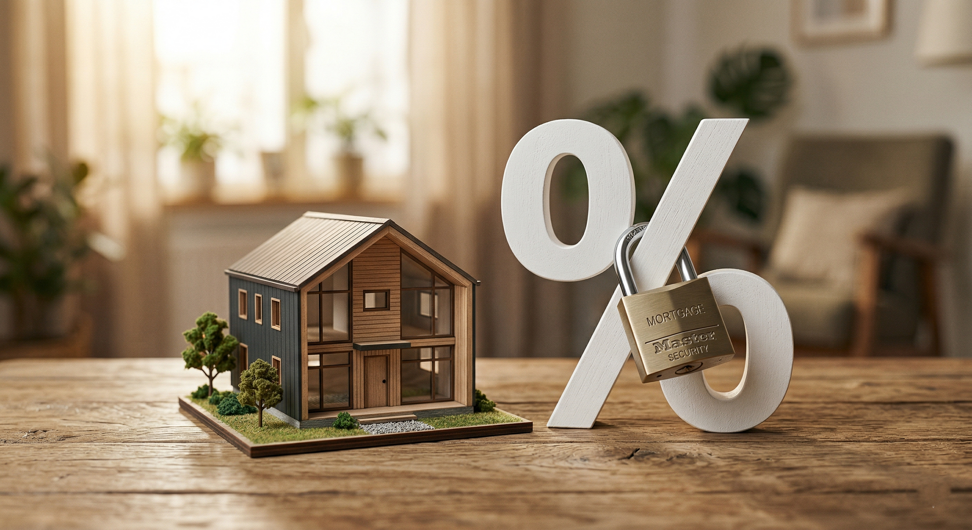 A desk with a whiteboard, a small wooden house model, and a laptop in a brightly lit room near a window.