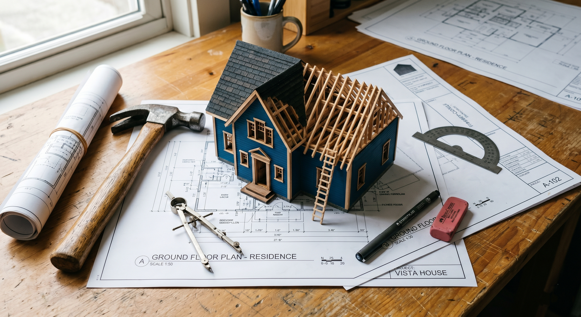 Blueprints and tools on a desk with a small house model under construction