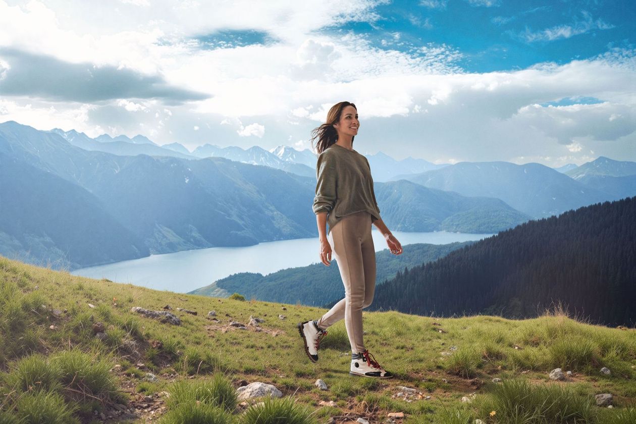 Lächelnde Frau wandert auf einem grasbewachsenen Hügel, im Hintergrund Berge und See.
