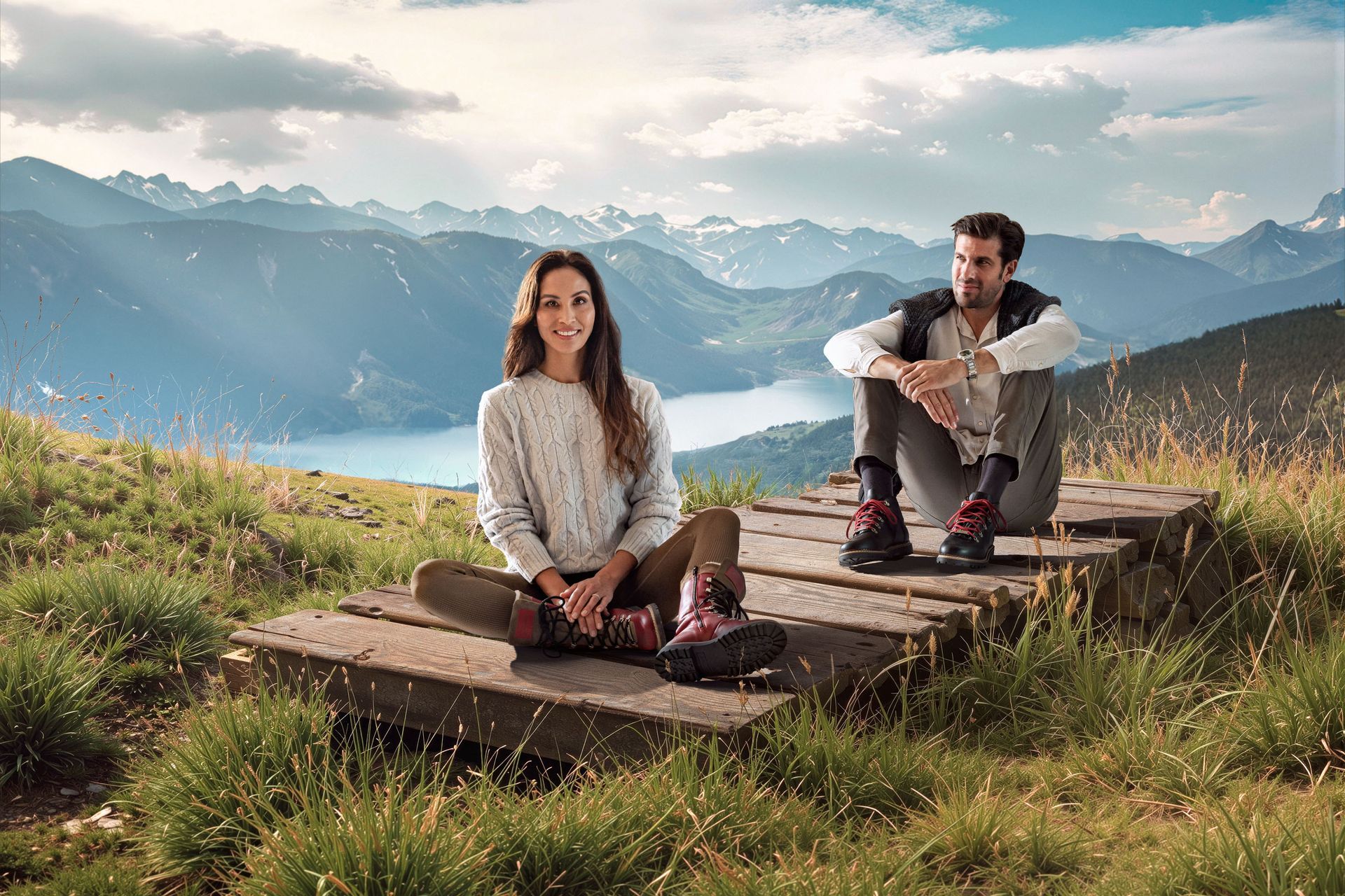 Paar sitzt auf Holzbrettern, Berge und See im Hintergrund. Frau lächelt, Mann entspannt.