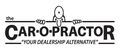 Logo for Car-O-Practor, a dealership alternative. Cartoon figure holding a line above the text.