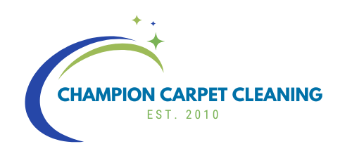 The logo for champion carpet cleaning is blue and green.