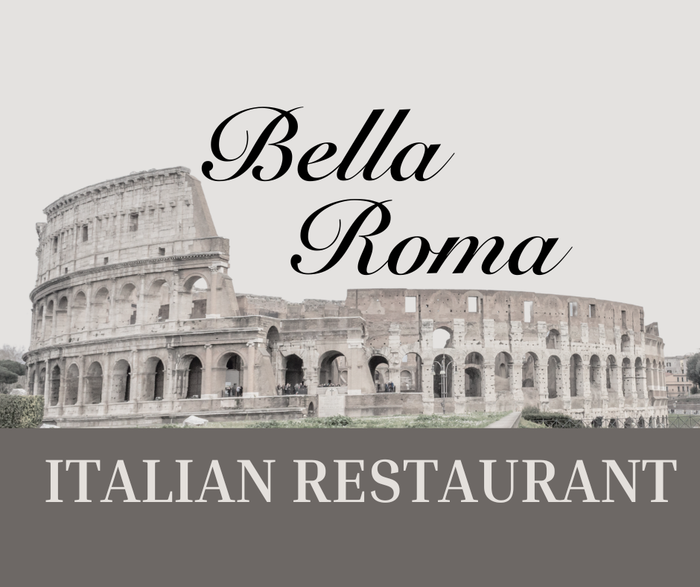 A logo for bella roma italian restaurant with a picture of the colosseum