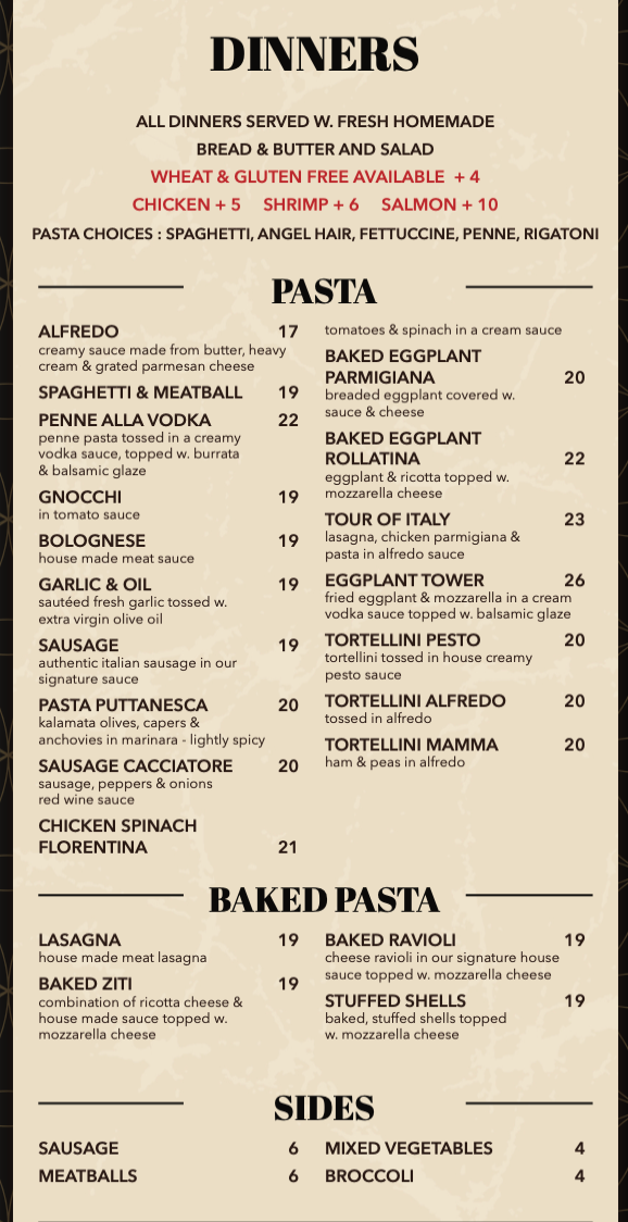 A menu for a restaurant shows fish and seafood meals and chicken