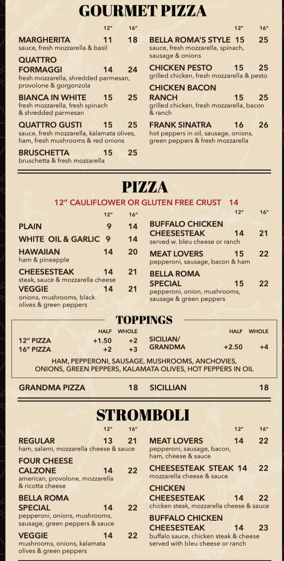 A menu for a restaurant shows dinners , pasta , baked pasta , and shoes.