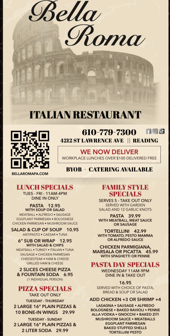 A menu for a restaurant with specialty appetizers and salads