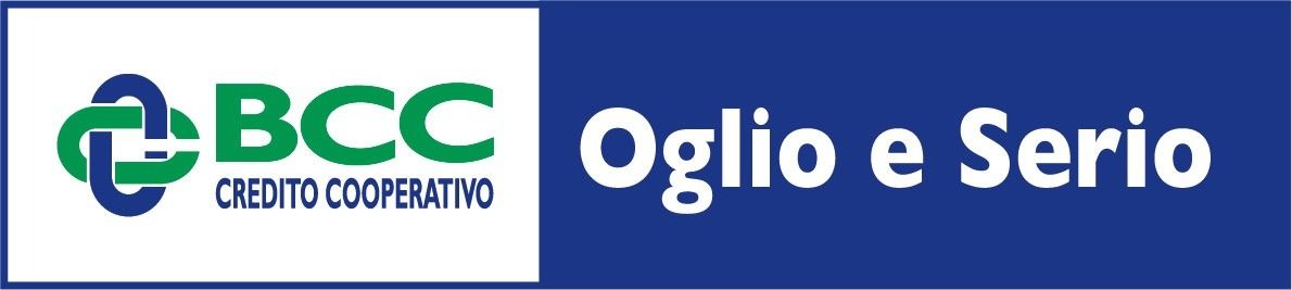 Logo della BCC Oglio e Serio su sfondo blu. Il logo presenta cerchi intrecciati verdi e blu con testo bianco.