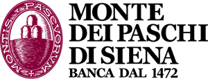 Logo della banca Monte dei Paschi di Siena. Emblema ovale con testo in rosso scuro e testo nero.