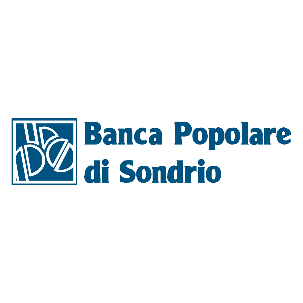Logo della Banca Popolare di Sondrio, caratterizzato da un quadrato blu con disegno astratto e nome della banca in blu.