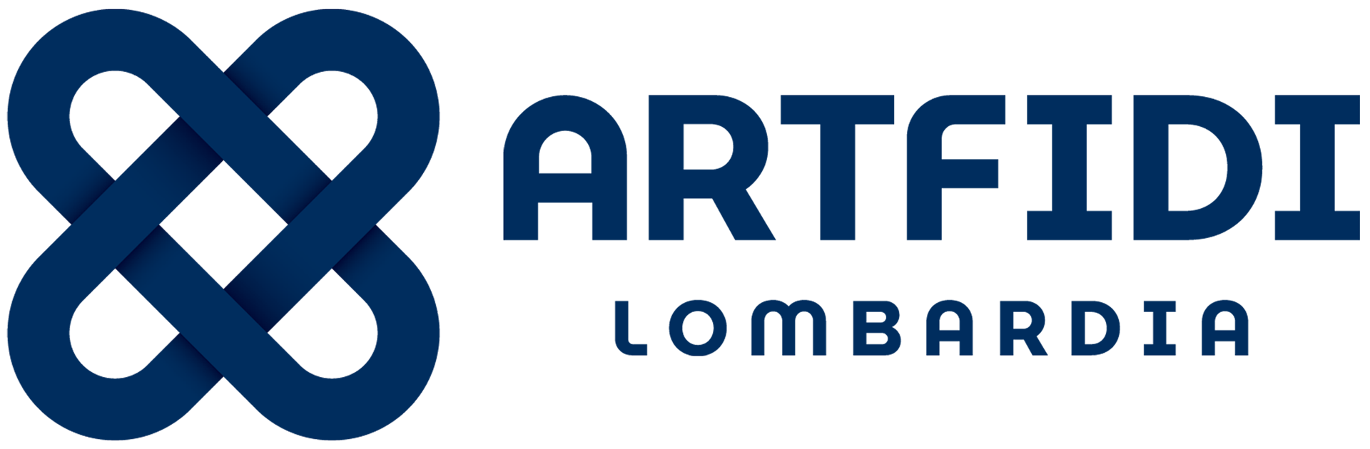 Logo di ARTFIDI LOMBARDIA con simbolo dell'infinito intrecciato blu scuro a sinistra e testo a destra.