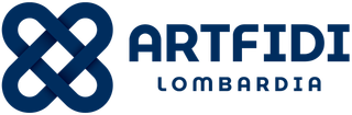 Logo di ARTFIDI LOMBARDIA con simbolo dell'infinito intrecciato blu scuro a sinistra e testo a destra.