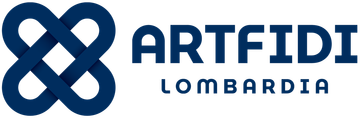 Logo di ARTFIDI LOMBARDIA con simbolo dell'infinito intrecciato blu scuro a sinistra e testo a destra.