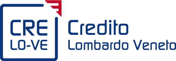 Logo del Credito Lombardo Veneto con testo stilizzato e accenti rossi.