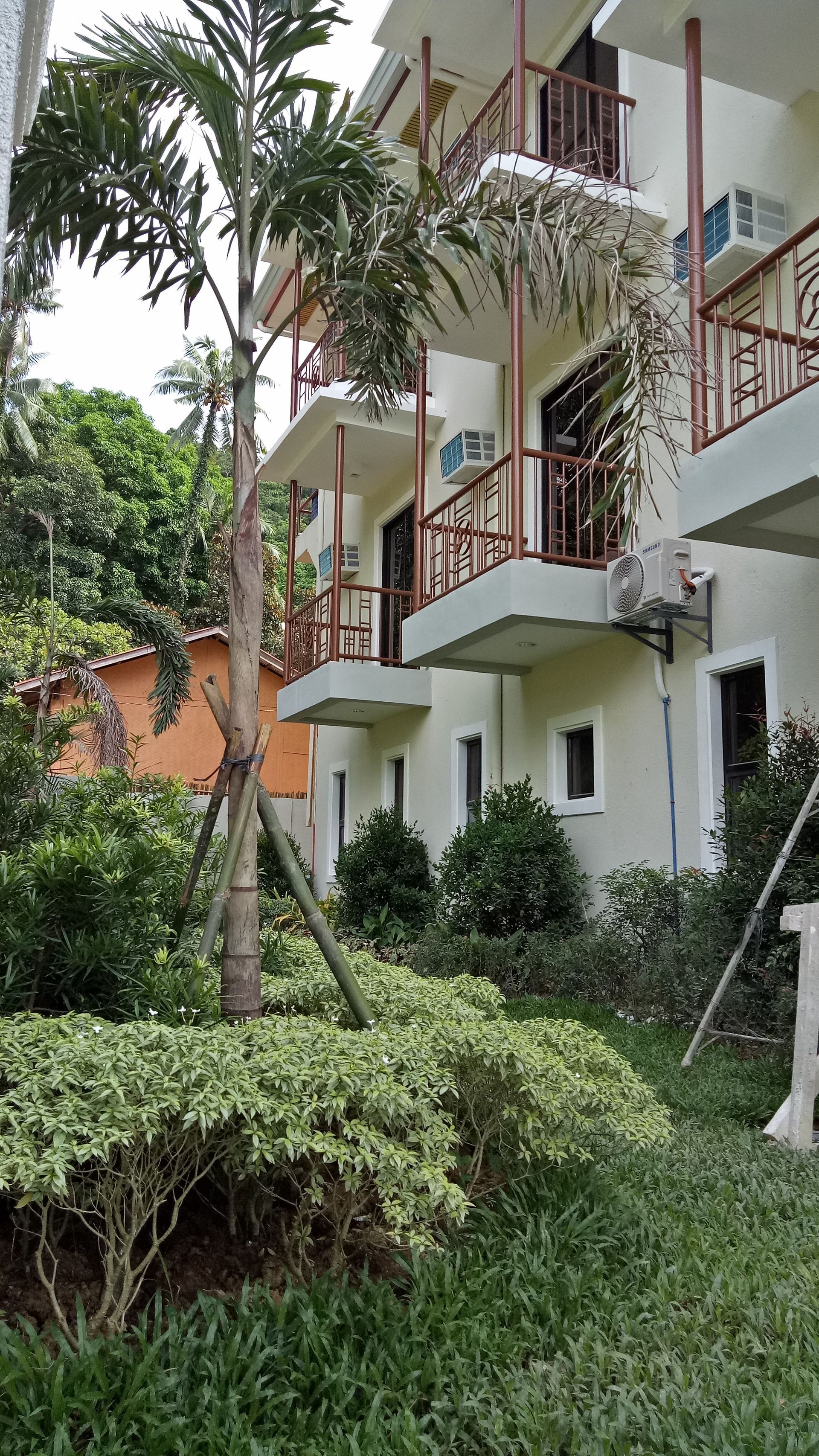 A white building with balconies and a tree in front of it.
