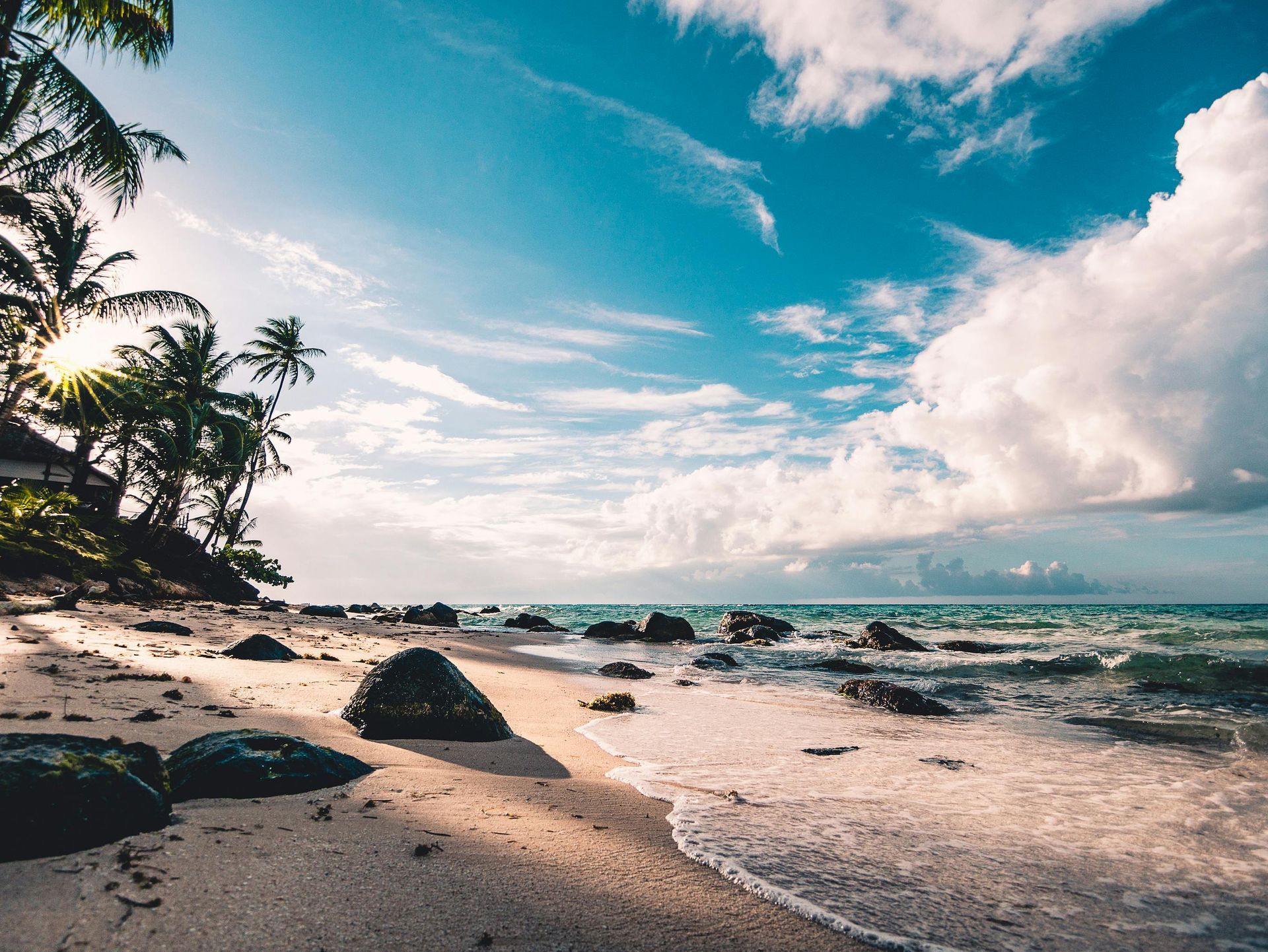 A beach with palm trees and rocks and the sun shining through the clouds