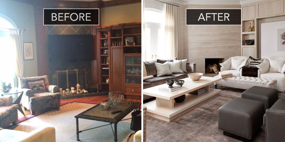 Living room transformation, before and after. Before: dark wood, dated furniture. After: light, modern furniture, neutral colors.