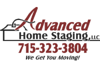 Logo for Advanced Home Staging, LLC, featuring house outline, red and black text, and phone number 715-323-3804.