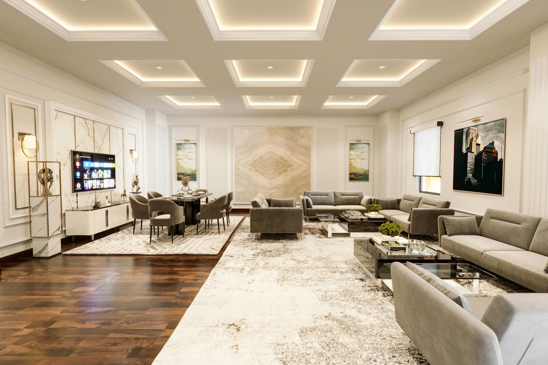 Luxurious living room with gray sofas, dining table, and recessed ceiling lights.