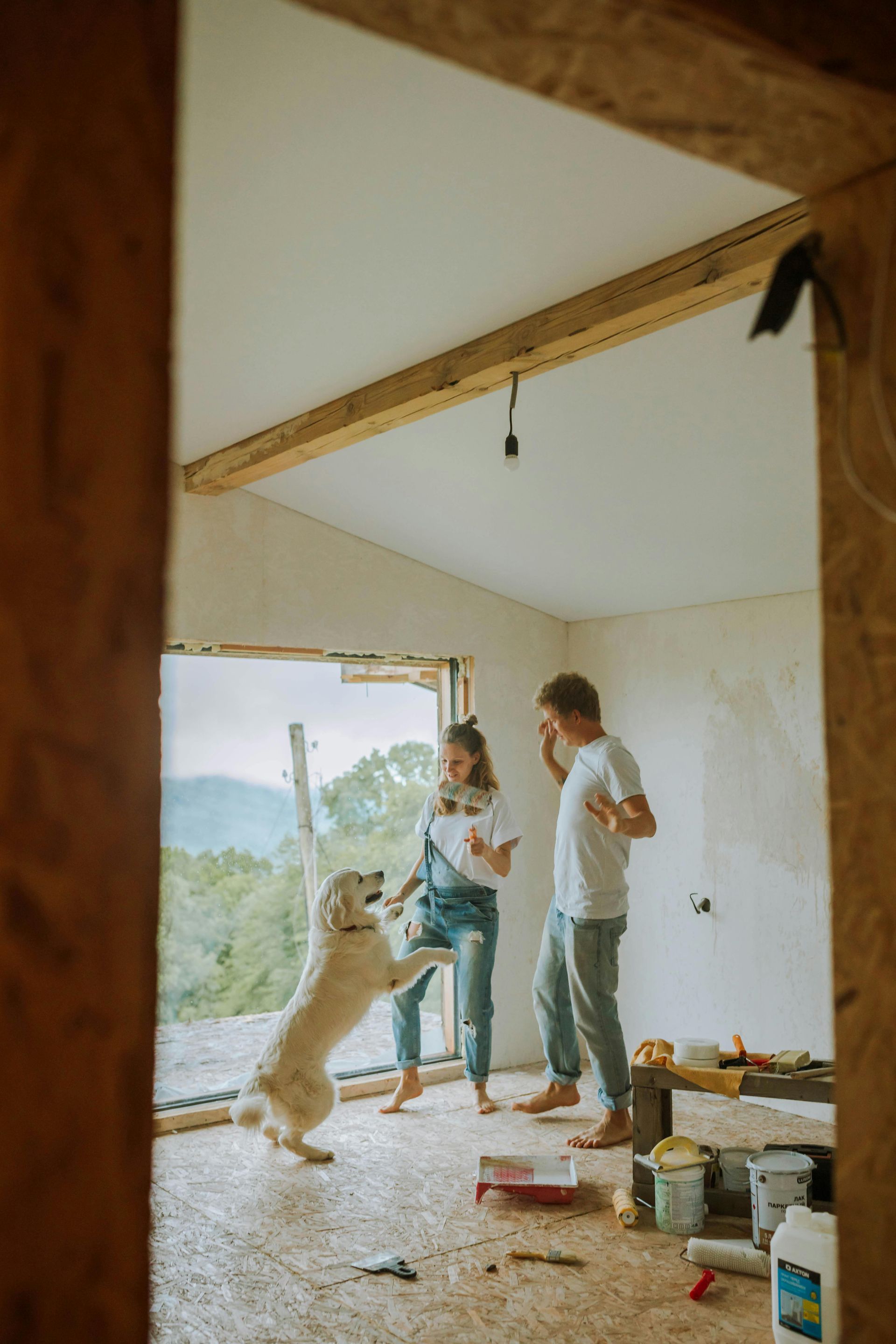 Couple dancing with dog in unfinished room; mountain view.