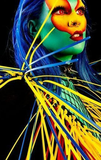 A close up of a woman 's face with colorful paint on it