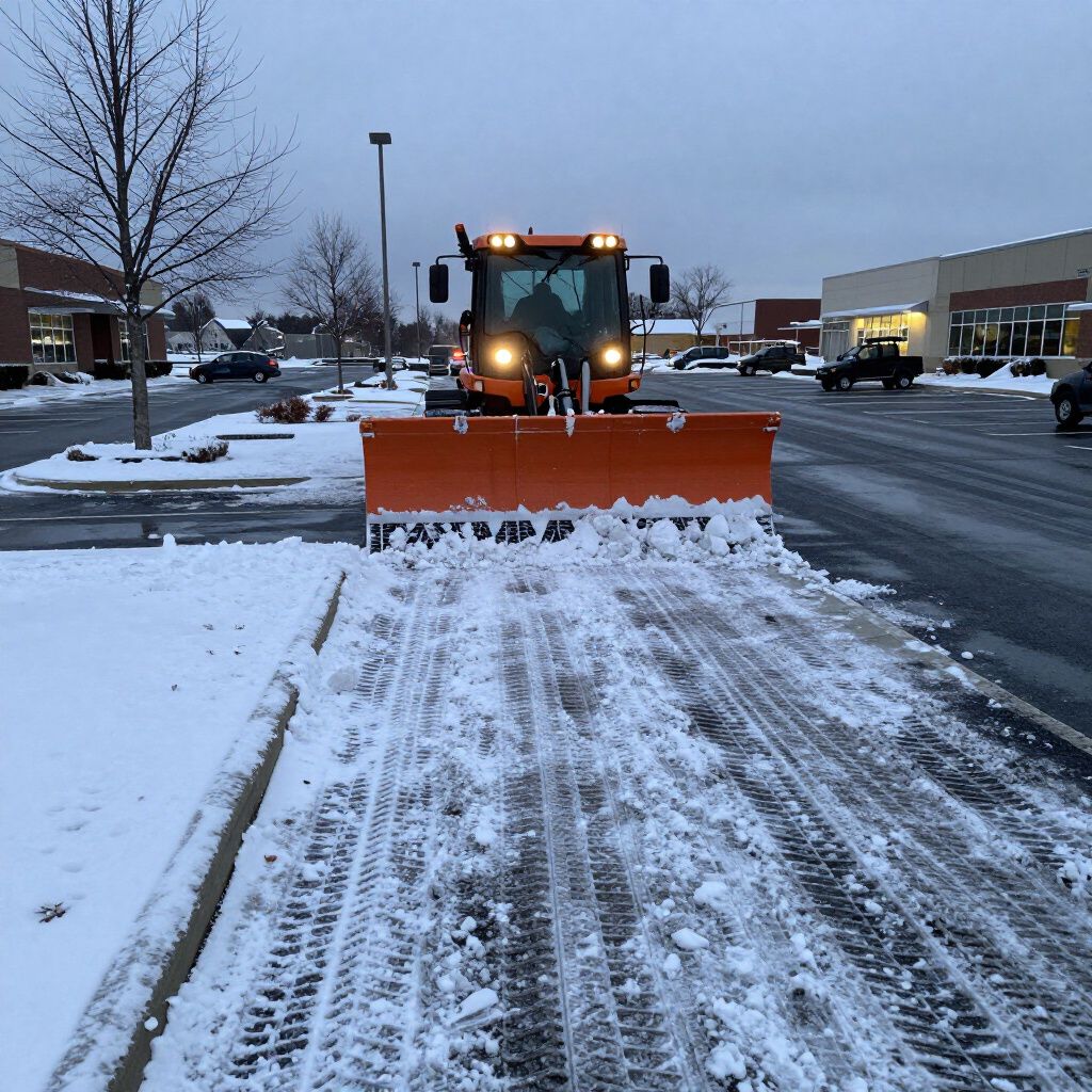 Orange snowplow clearing snow from a parking lot on an overcast day.