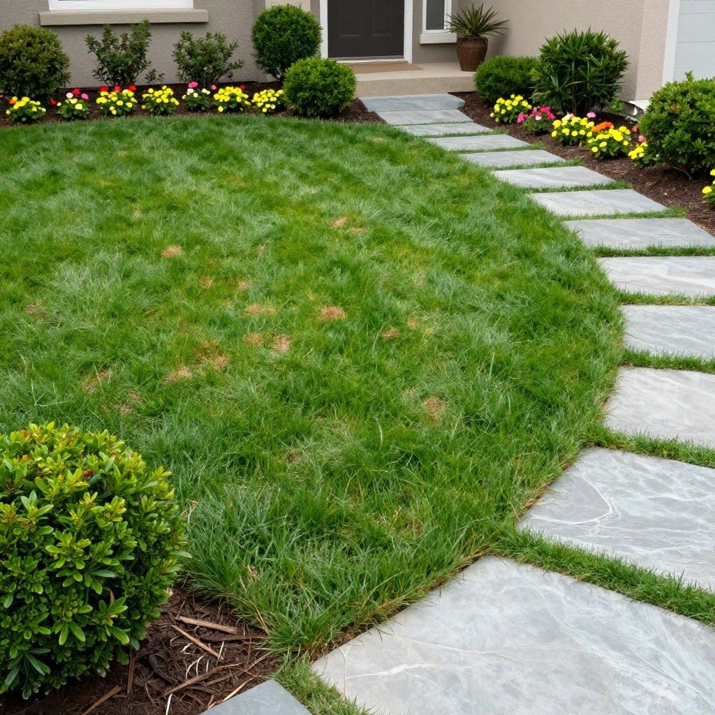 Lush green lawn with stone pathway leading to a front door, surrounded by shrubs and flowers.