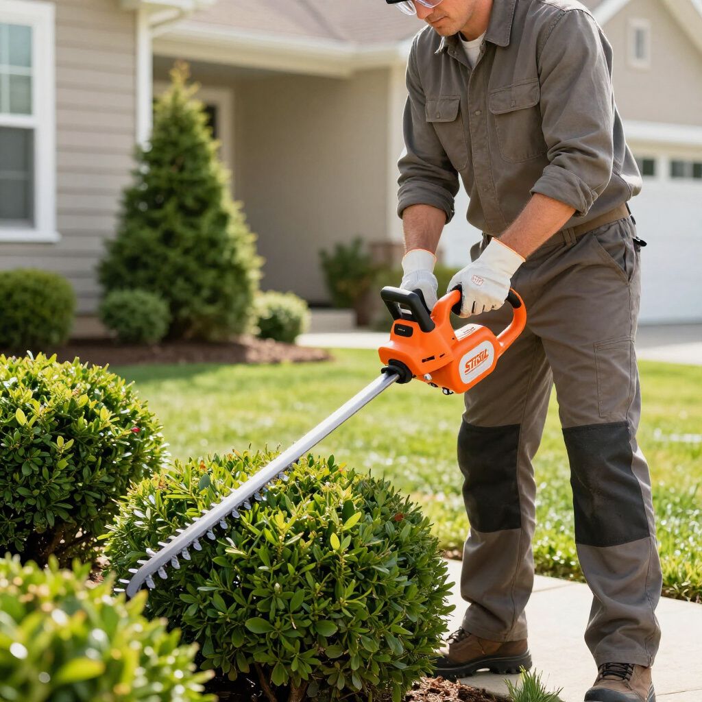 Man using an orange and black hedge trimmer to trim a bush in front of a house.