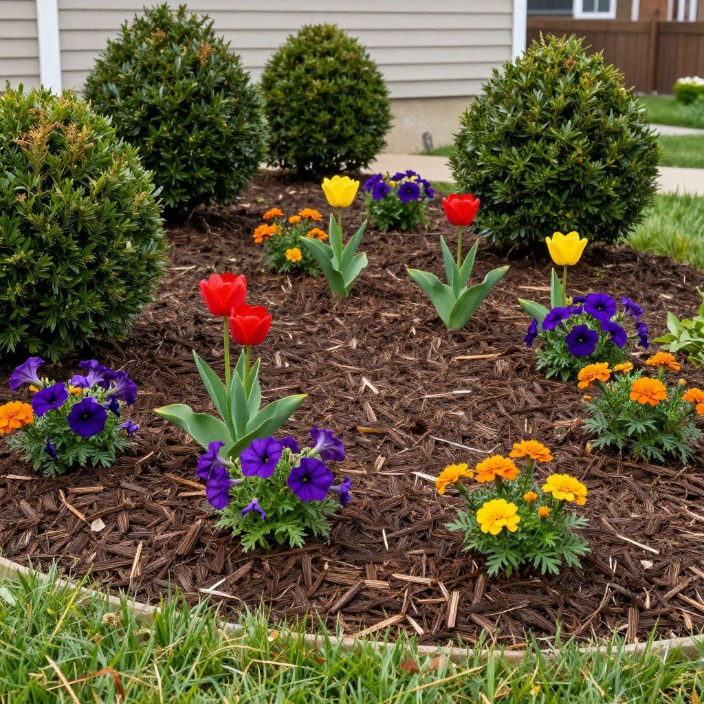 Flower bed with red and yellow tulips, purple and orange flowers, and green bushes.