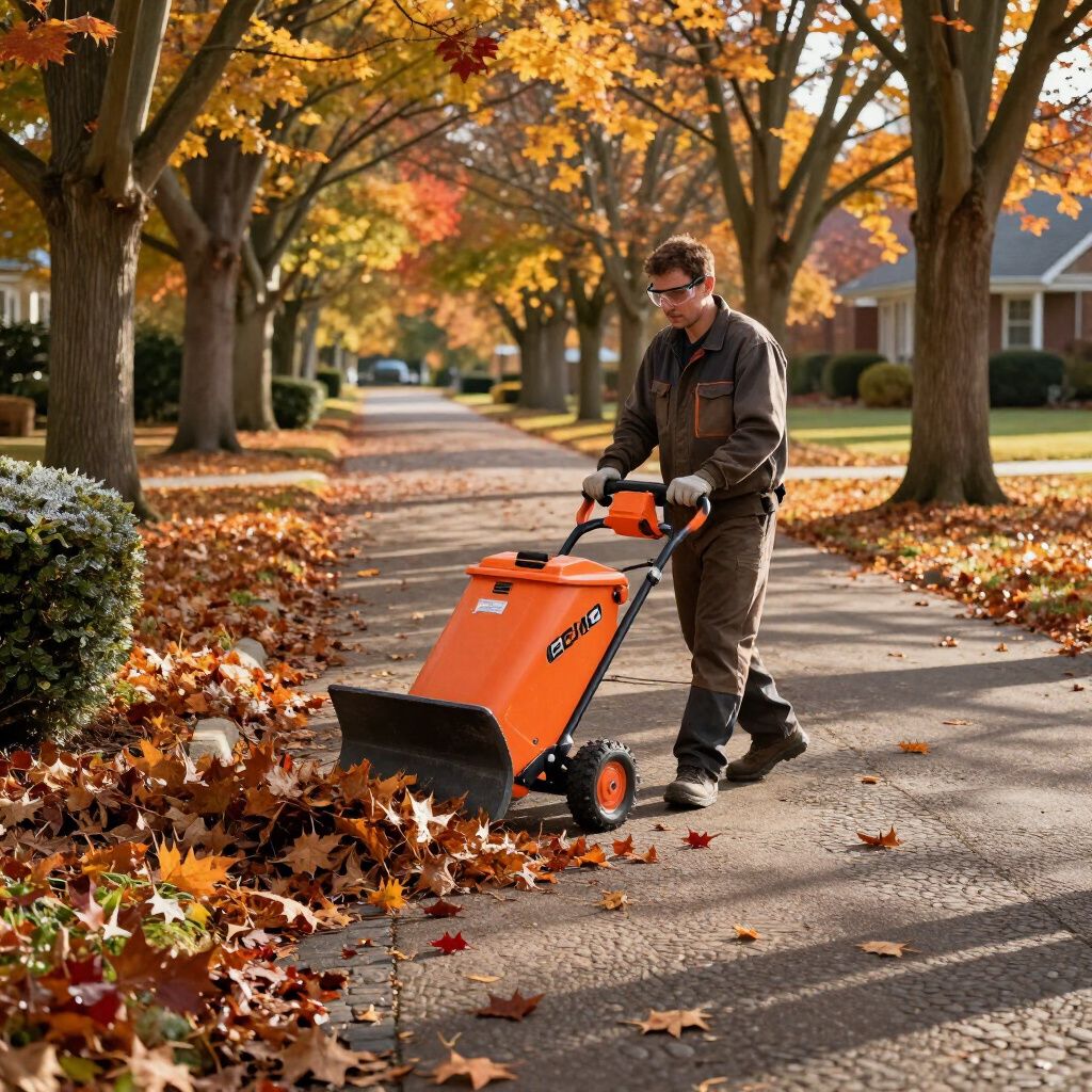 Man operating an orange leaf vacuum on a leaf-covered path lined with trees in autumn.