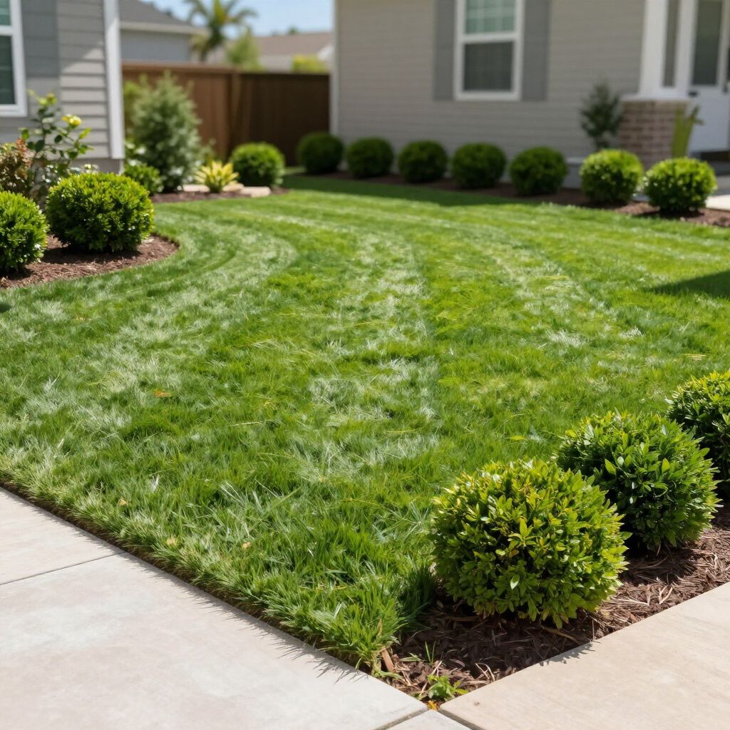 Well-manicured lawn with round green bushes in front of a light gray house.