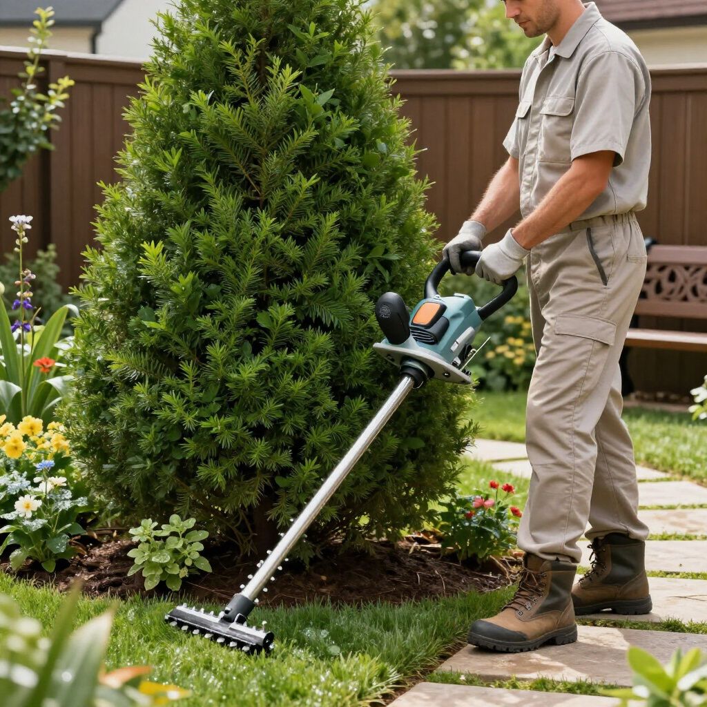 Man using a hedge trimmer to trim a shrub in a garden with a brown fence and stone path.
