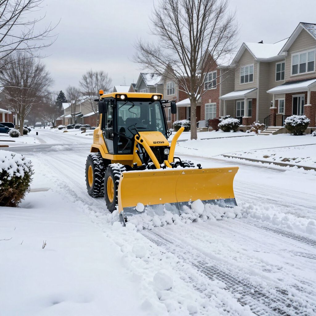 Yellow snowplow clearing snow from a residential street with houses on both sides.