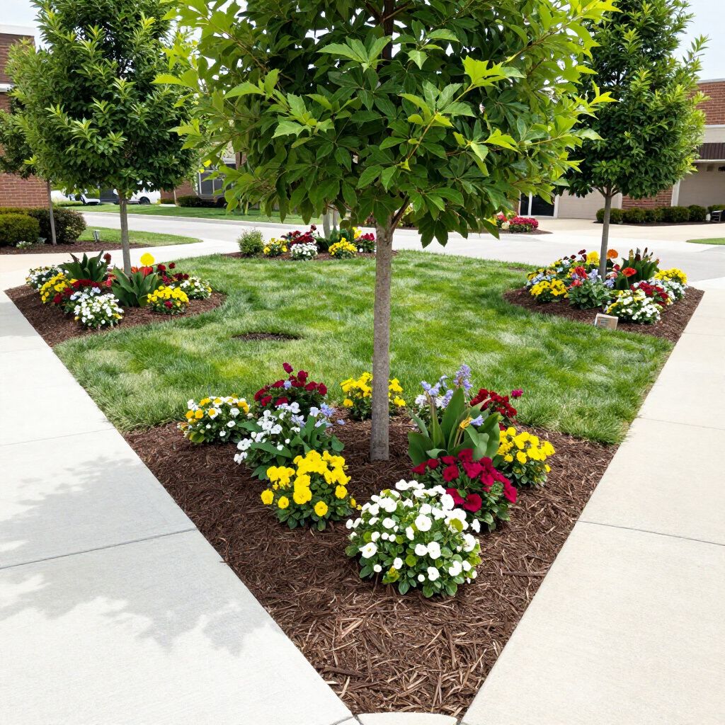 Well-manicured triangular garden bed with trees, flowers, and mulch, surrounded by green grass and sidewalk.