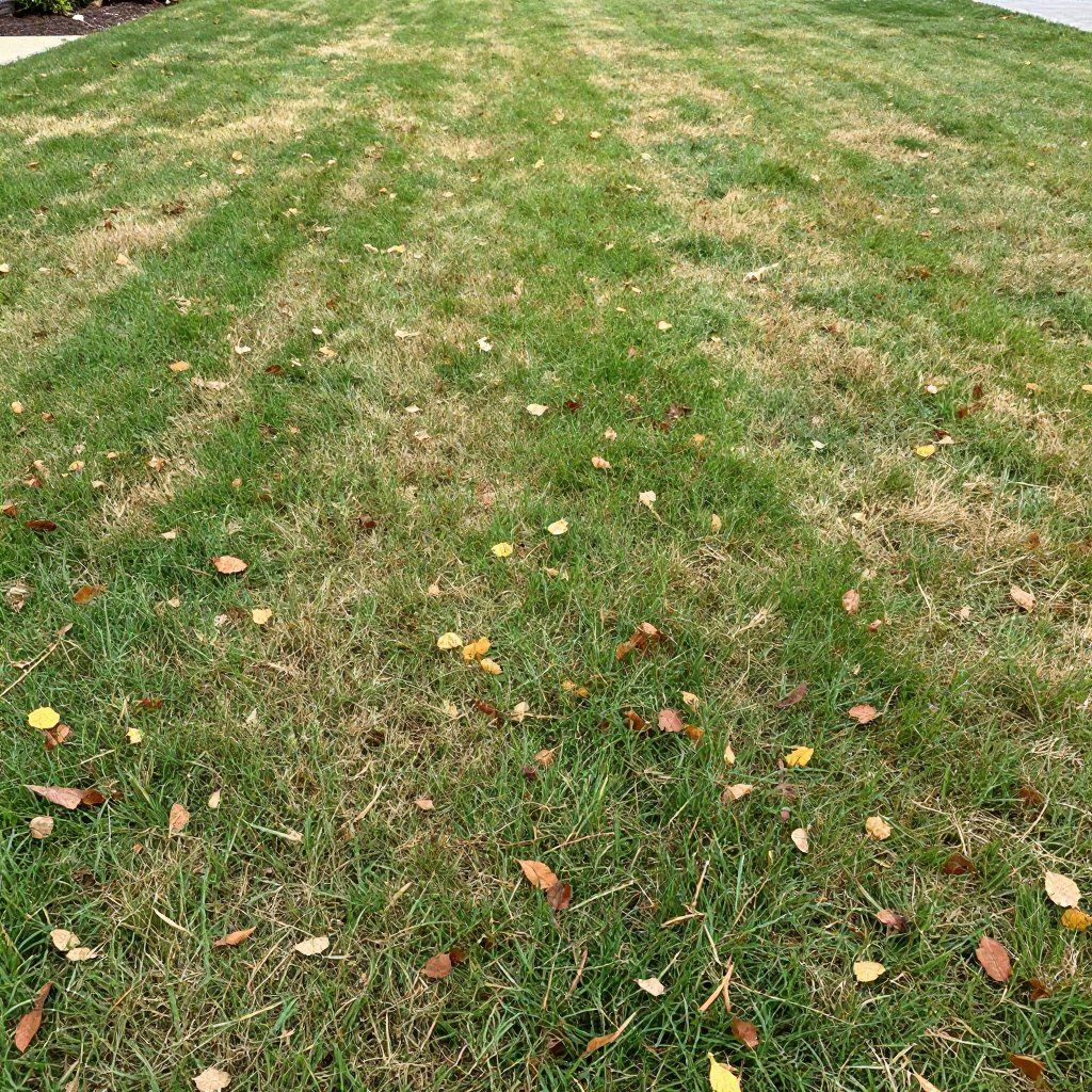 Green lawn with brown patches, scattered leaves.