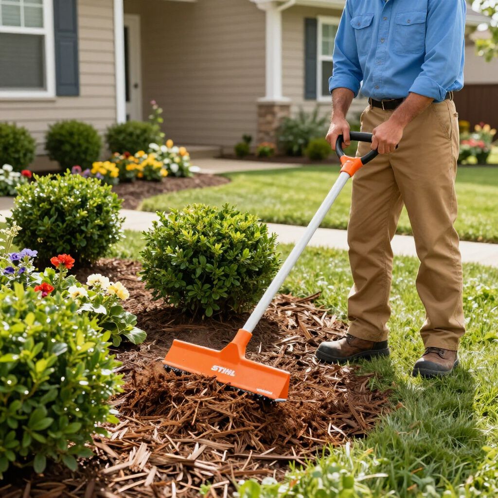 Man raking mulch in a flowerbed with an orange tool in front of a house.