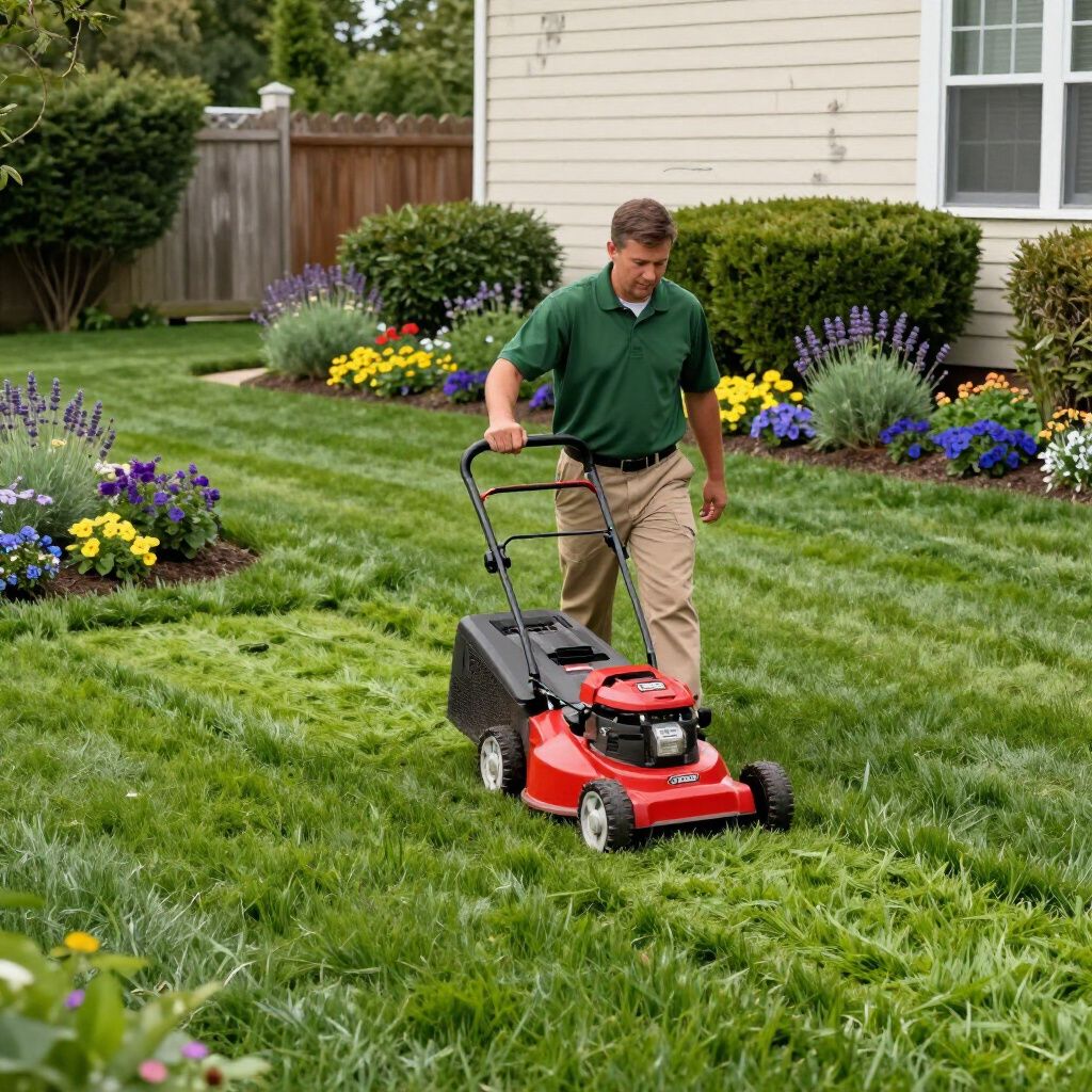 Man mowing a green lawn with a red lawnmower in a yard with flower beds.