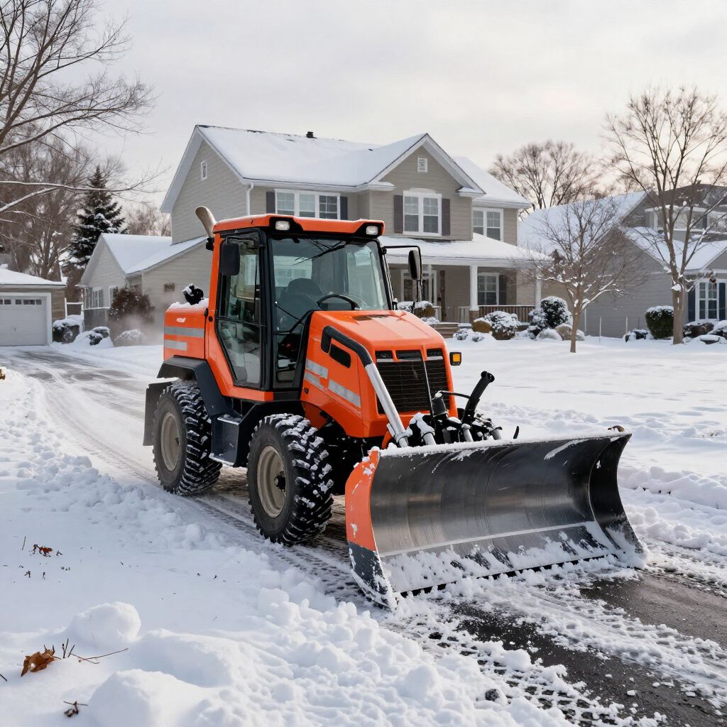 Orange snowplow clearing a snow-covered residential street in front of houses on a winter day.