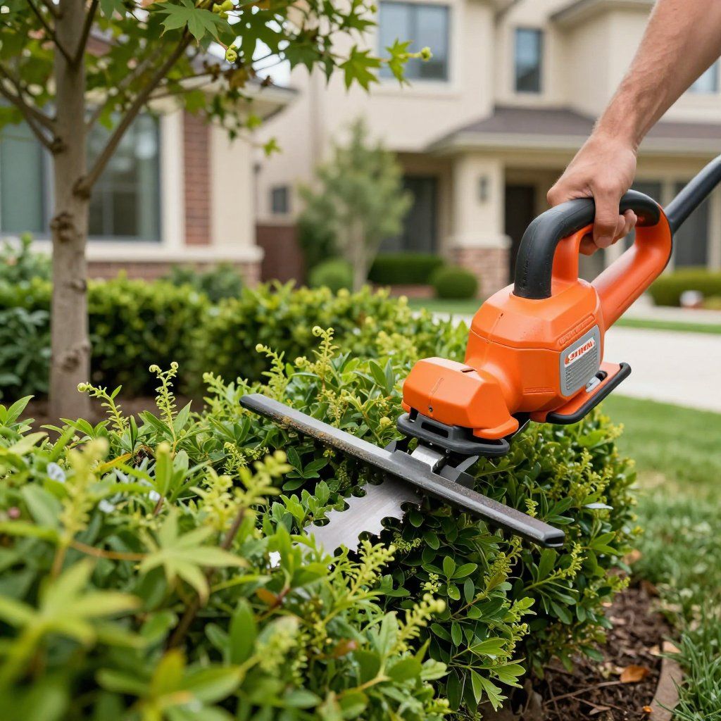 Person trimming a green hedge with an orange hedge trimmer in a yard with a house in the background.