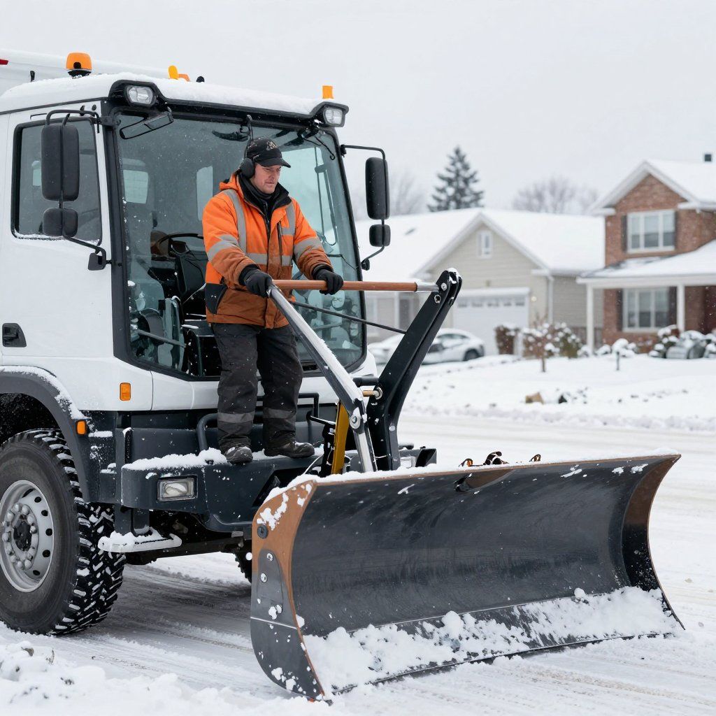 Snowplow operator clearing snow from a residential street.