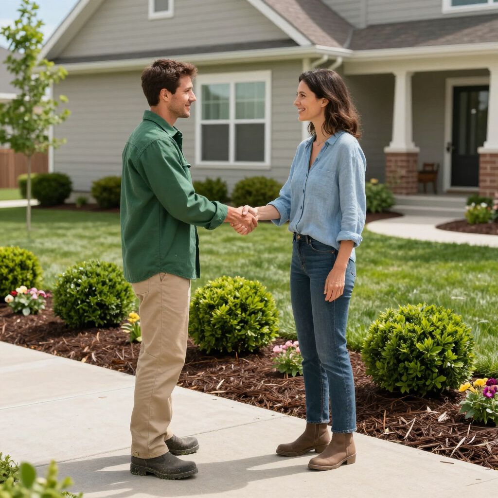 Man and woman shaking hands in front of a house. The man wears green, and the woman, a blue shirt.