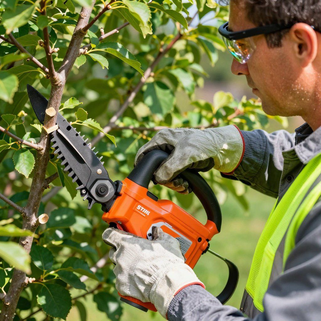 Man pruning a tree branch with an orange and black handheld saw, wearing safety glasses and gloves.