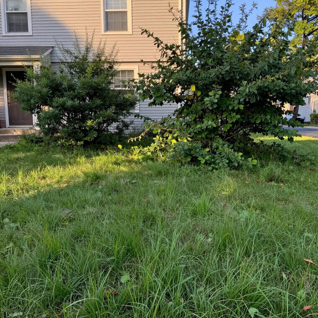 Lawn in front of a house, overgrown with tall grass and shrubs. Sunlight.